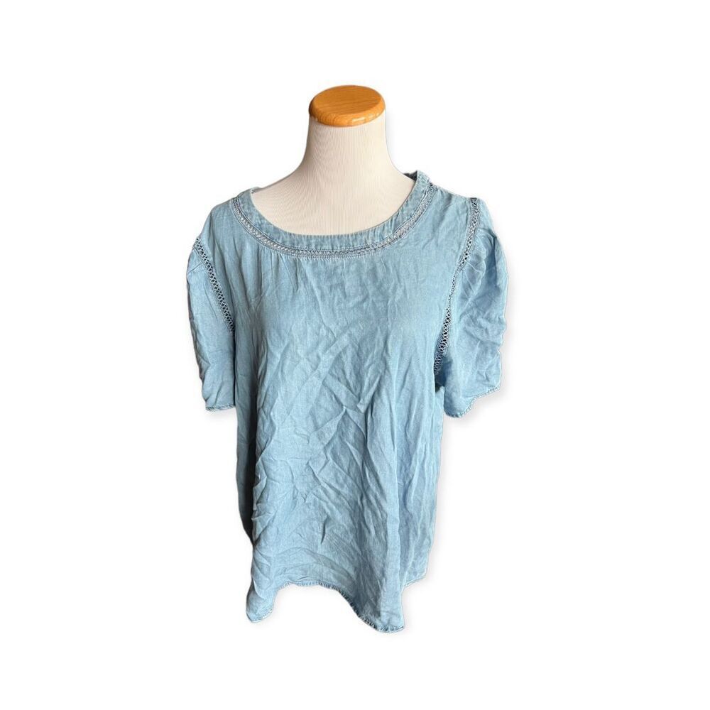 Womens Perch by Blu Pepper Blue Chambray Lattice Flowy Top - Sz 3X